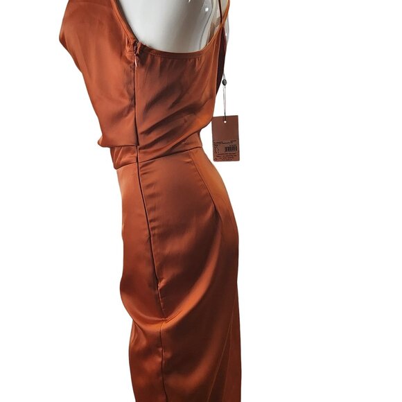 Missguided Rust Asymmetrical Strap Drape Satin Midi Dress Size 2 NWT - Picture 6 of 16